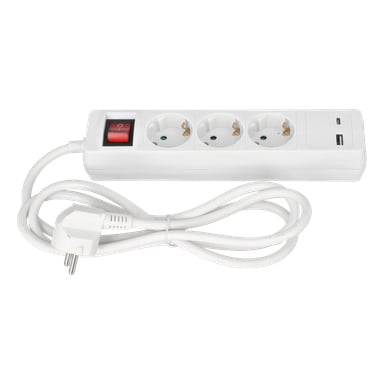 Anslut strömuttag har en vit kropp med tre uttag, en röd på/av-brytare, två USB-portar och en spiralad strömkabel försedd med ett europeiskt uttag som hålls med en tvist.