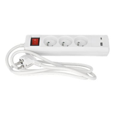 Biała listwa z trzema europejskimi gniazdami, dwoma portami USB, czerwonym włącznikiem zasilania i podłączonym białym kablem kończącym się europejską wtyczką.