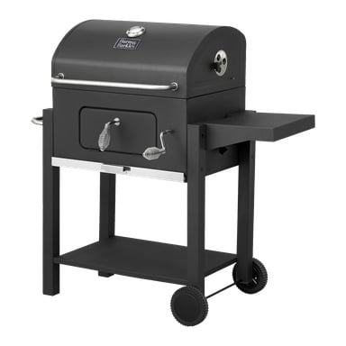 Burns & Barkles Charcoal Grill Coal King 5641 posiada nowoczesną konstrukcję z czarnego metalu z pokrywą, wbudowanym miernikiem temperatury, boczną półką, dolną przestrzenią do przechowywania oraz dwoma kółkami dla przenośności.