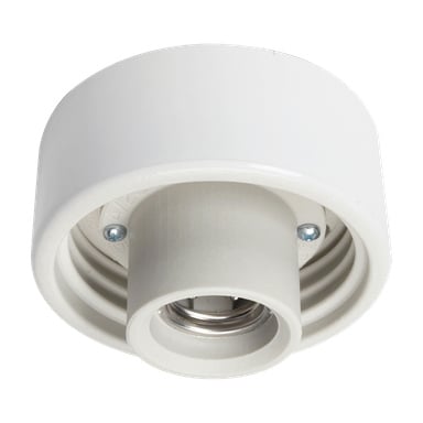 Närbild av Ifö Ceramics ljusbas med en vit cylindrisk form och två skruvar synliga på interiörsektionen.