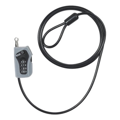 ABUS Wire Lock Combiloop är ett svart kabellås med en grå kombinationsratt, som visar siffror från 0 till 9. Kabeln går runt och kopplas ihop med ett låssystem som är utformat för att säkra olika föremål.