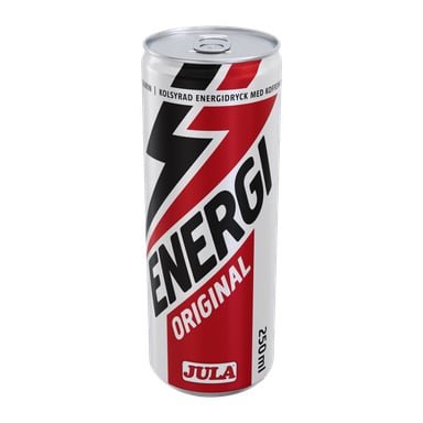 En 250 ml burk Energy drink Original från Jula, med starka svarta bokstäver, en röd och vit färgschema med svart blixtbild och JULA-loggan nära basen. Etiketten anger att det är en kolsyrad energidryck med koffein.