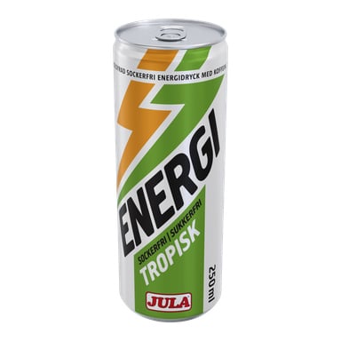En 250 ml Jula energidrycksburk utan socker, som erbjuder en tropisk energidryck utan socker. Burken är vit med orange, svart och grön text och grafik, med ett blixtmönster.