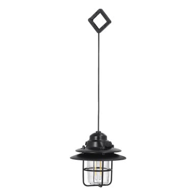 Kayoba uppladdningsbar campinglampa med en robust svart metallram, skyddande bur runt ett klart glasbur och en diamantformad ögla upptill för upphängning, fäst i en vertikal sladd.