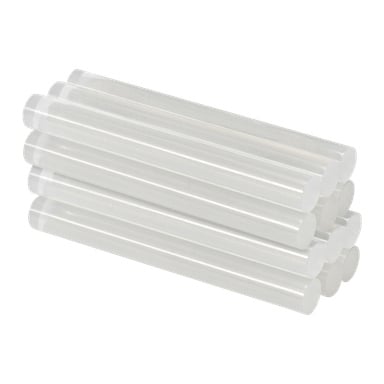 Tolv släta, klara Meec Tools-limstift från ett 12-pack är arrangerade i två lager. Dessa halvtransparenta, cylindriska pinnar med rundade ändar används vanligtvis som lim i limpistoler.