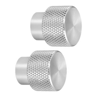 Ett par silverfärgade, cylindriska metallrattar med Hard Head Knob 2 pack har texturerade, räfflat grepp och släta, platta ändar. Dessa hårdvarukomponenter är sannolikt utformade som kontrollrattar för elektroniska enheter eller maskiner.