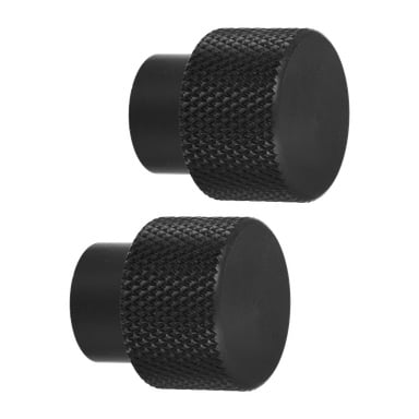 Två svarta cylindriska Knob 2-paket från Hard Head, var och en med räfflad metallkropp, platta ändar och texturerade grepp, visade staplade vertikalt.