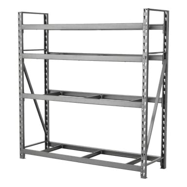 En metallhylla från Hard Head Steel shelf Base Unit Modular Storage System har fyra oanvända horisontella hyllor, öppna sidor och en robust stålram med framträdande stödkonsoler, vilket gör den lämplig för förrådsrum eller lager.