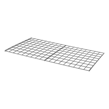En Hard Head Wire Shelf Modular Storage System-panel med ett rutnät av jämnt fördelade horisontella och vertikala stänger som bildar fyrkantiga öppningar, visade i vinkel.