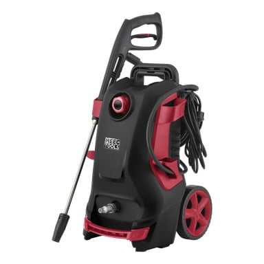 Ein schwarz-roter Hochdruckreiniger von Meec Tools mit großen Rädern, einer Schlauchrolle und einer angebrachten Sprühpistole, aufrecht dargestellt.