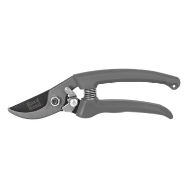 En närbild på en grå Hard Head Secateurs med böjd blad, fjädermekanism och ergonomiska handtag.