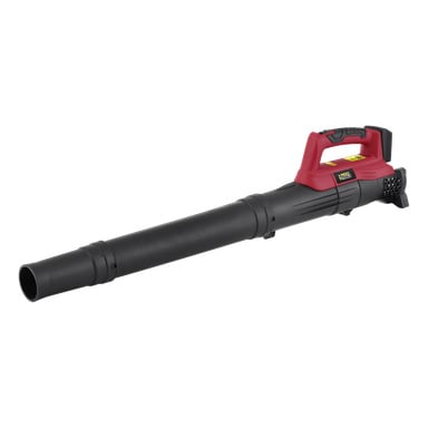 Ein batteriebetriebener Laubbläser von Meec Tools Multiseries LB-18V EASY 100 mit schwarzem und rotem Farbschema, langer zylindrischer Düse und einem Griff oben.