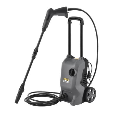 Der Hochdruckreiniger von Meec Tools ist ein tragbares graues elektrisches Gerät mit einem Schlauch am unteren Rand, einem verlängerten Griff, Rädern für Mobilität und einer Spritzpistole.