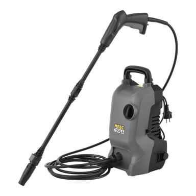 Ein grauer Hochdruckreiniger von Meec Tools steht aufrecht mit einem Griff, einem langen Sprühstab, einem schwarzen Schlauch und einem angeschlossenen Stromkabel. Auf der Vorderseite steht das Etikett Meec Tools.