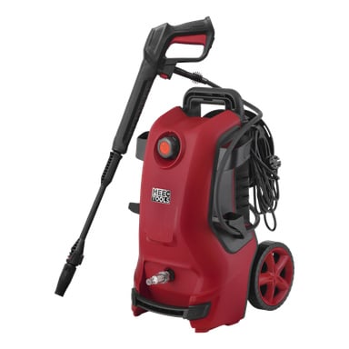 Ein rot-schwarzer Hochdruckreiniger von Meec Tools mit Griff, Rädern, Schlauchspule und abnehmbarer Sprühpistole. Auf der Front steht der Markenname: Meec Tools.