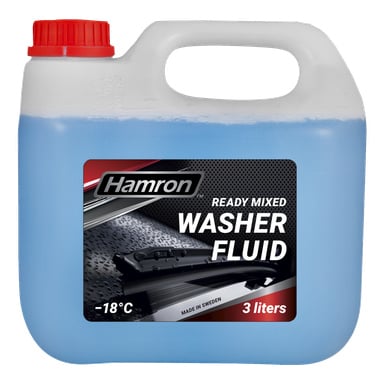 En 3-liters Hamron Ready-blandad brickvätska i en plastbehållare med röd lock. Etiketten visar en vindrutetorkarikon, markerar en temperaturklassning på -18°C och noterar att produkten är tillverkad i Sverige.