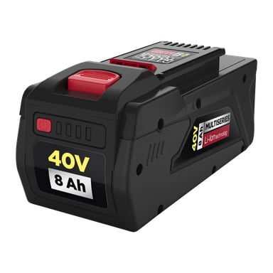 Ett svart Meec Tools Multiseries 40V, 8Ah litiumjonbatteripaket med röda och gula etiketter, en röd utlöserknapp och en svart strömknapp, gjord för elverktyg.