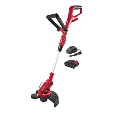 Ett batteridrivet grästrimmerkit från Meec Tools Multiseries GT-18V HOME 500 med röd sladdlös kaross, svart handtag och skydd, silverfärgad axel och två separata batteriladdare.