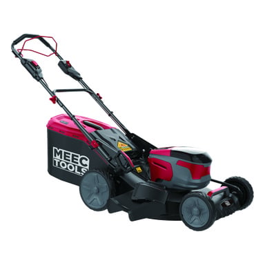 Röd och svart elektrisk gräsklippare med stora bakhjul, "Meec Tools" gräslåda och justerbart handtag, sedd från sidan.