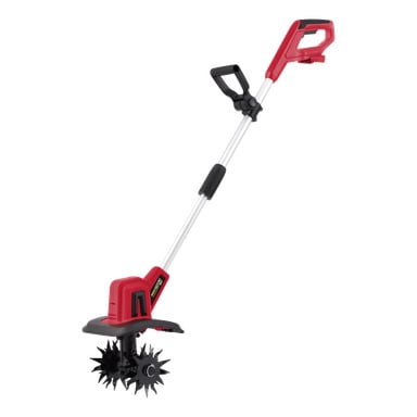 Meec Tools Multiseries batteridrivna rotavator TL-18V HOME 500 visas med ett rött och svart färgschema, långt handtag, hjälpgrepp och metallpinnar längst ner för jordodling.
