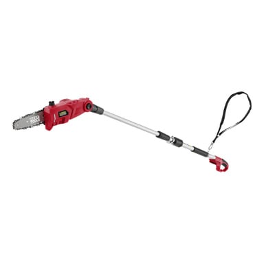 En röd och silverfärgad sladdlös beskärningssåg med teleskopiskt handtag, utrustad med svart axelrem och med varumärket Meec Tools Multiseries på motorhuset; modell SP-18V HOME 500.