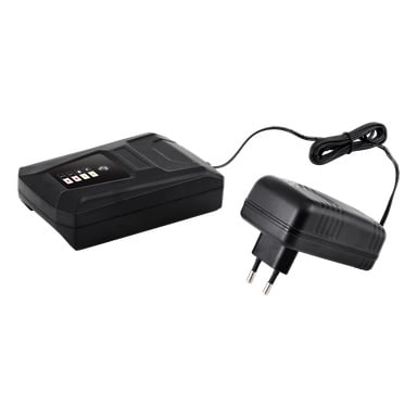 Meec Tools Multiseries 40 V batteriladdare är en svart enhet med knappar och indikatorlampor, ansluten med en kabel till en svart nätadapter med två runda stift.