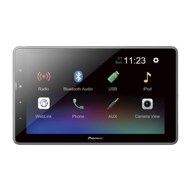 Pioneer DMH-AF555BT bilstereons pekskärm visar ikoner för radio, Bluetooth-ljud, USB, iPod, WebLink, telefon, AUX och kameravy. Skärmen visar aktuell tid som 11:23 och datumet som söndag den 1 januari.