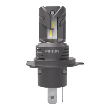 Szczegółowy widok żarówki Philipsa LED H4 Ultinon Access 2500 z metalicznym szarym nadwoziem, wyraźnym radiatorem i dwoma żółtymi chipami LED widocznymi z przodu.