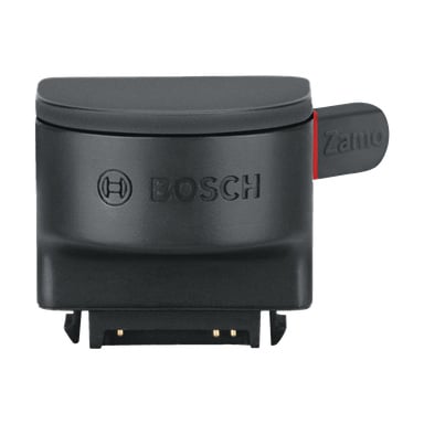 En svart måttadapter designad för Bosch Zamo IV, med en mjukt böjd topp och Bosch-logotypen centrerad på karossen. En liten flik på höger sida har en röd accent, och kontaktplatser längst ner gör att den kan kopplas till kompatibla enheter.
