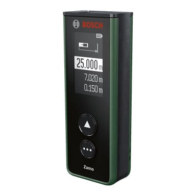 En Bosch Zamo IV digital laseravståndsmätare med en display som visar mätningar. Enheten är övervägande svart med gröna detaljer och har två runda knappar samt en pilformad knapp på frontpanelen.