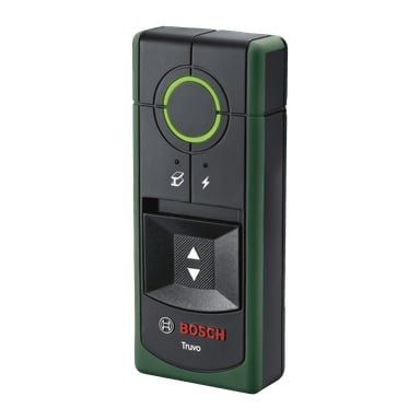 En Bosch Truvo väggscanner med en grön cirkulär indikator, två ikoner och en pilformad kontrollpanel. Enheten har en svart kaross med gröna sidor, med Bosch-logotypen och Truvo-namnet nära basen.
