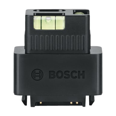 En svart Bosch Line laseradapter designad för Zamo IV, utrustad med en grön flytande bubbelnivå på toppen, texturerade åsar längs ytan och elektriska kontaktstift exponerade längst ner.