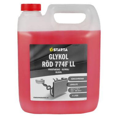 En röd 4-liters plastbehållare märkt Starta Glycol 774F med produktinformation som beskriver den som koncentrerat långlivat frostskyddsmedel för fordon. Etiketten visar grafik av en kylare och slang.