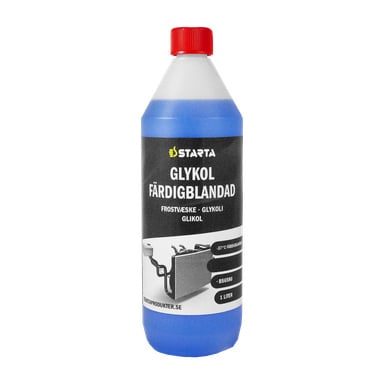 Enliters Starta Glycol Ready-mixed BS6580 frostskyddsflaska med en etikett som visar en radiatorgrafik, designad för att skydda mot temperaturer så låga som -37°C.