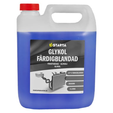 En 4-liters plastkanna med Starta Glycol Ready-mixed BS6580 frostskyddsvätska, med blå vätska och en röd lock. Etiketten visar att den är förblandad och effektiv ner till -37°C.