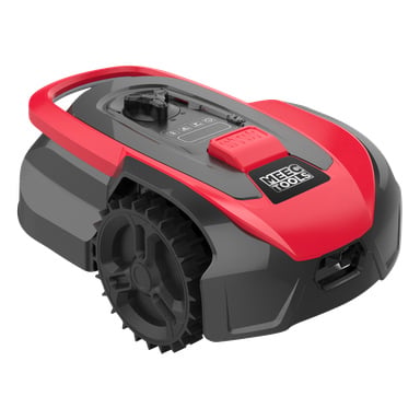 En Meec Tools robotgräsklippare i djärva röda och svarta färger, utrustad med stora spårade hjul, en användarvänlig kontrollpanel på toppen och Meec Tools logotyp tydligt synlig framtill.
