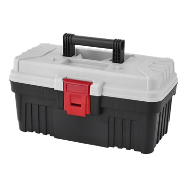 Meec Tools Tool Box är en svartgrå plastverktygslåda med svart handtag och rött lås, som visas stängd.