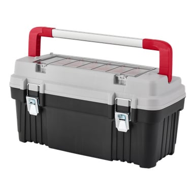 Denna verktygslåda från Meec Tools är gjord av robust plast med svart botten, grått lock och robusta metalllås. Den har ett rött-vitt handtag för smidig transport och har ett transparent organisatörsfack på toppen med flera sektioner för att förvara små tillbehör.