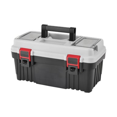 En verktygslåda från Meec Tools med svart botten, vitt lock, röda lås och svart handtag. Den stängda lådan har två transparenta förvaringsfack inbyggda i locket.