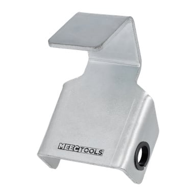 En silverfärgad, kantig slipjigg designad för att slipa yxor, med Meec Tools-logotypen tryckt på ytan och ett cirkulärt hål på ena sidan.
