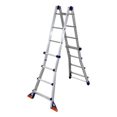 En Facas teleskopisk Briko Blu-stege visas i A-ram, byggd av silveraluminium med blå och orange säkerhetsdetaljer och med en trappfunktion.