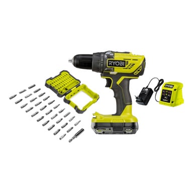 Ryobi One+ Screwdriver R18DD3-1C20GA31J med batteri, laddare, bitset och bärväska.
