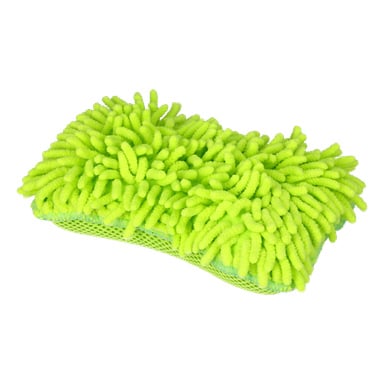 En livfull grön Hamron Microfiber-svamp med mjuka, nudelinspirerade chenillesträngar och nättexturerade sidor för förbättrad skrubbprestanda.