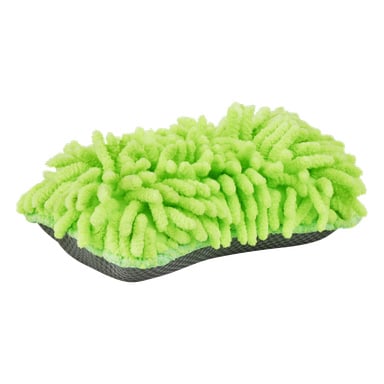 Gąbka Hamron Microfibre prezentuje jaskrawozieloną górę chenille z miękkimi, przypominającymi makaron nitkami i kontrastującą czarną siateczkową spodnią, zaprojektowaną do efektywnego czyszczenia lub mycia.