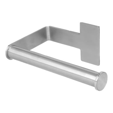 EKVIP silvermetall toalettpappershållare med en horisontell cylindrisk stång och en platt, vinklad bakplatta för montering på väggen.
