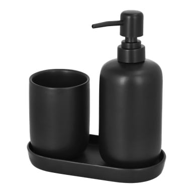 Ett tredelat EKVIP Soap Dispenser Set i matt svart är arrangerat på en kompakt svart bricka. Setet består av en pumptoppsdispenser och en cylindrisk kopp, båda med minimalistisk, modern design och tillverkade av robusta material.