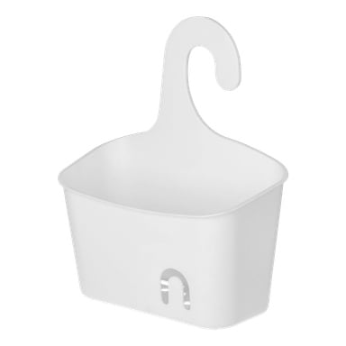 EKVIP Shower Basket är en vit plastkorg med hängkrok, öppen toppdesign och en liten utskärning längst fram.