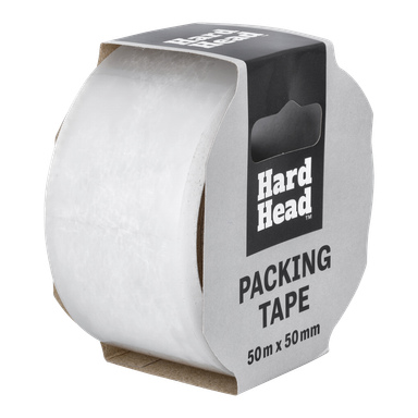 En rulle Hard Head Packing Tape, i storlekarna 50 m x 50 mm, finns i en kartongbehållare. Den klara tejpen har grå och vit förpackning.