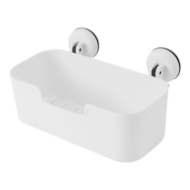 EKVIP Shower Basket är en rektangulär vit plastbehållare som är utformad för att fästas på väggen med två sugkoppar. Den inkluderar ett främre urtag och dräneringsspår vid basen.