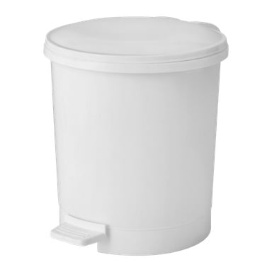 En enkel vit, rund plastpedallåda i plast med stängt lock och en fotpedal i basen för beröringsfri användning.